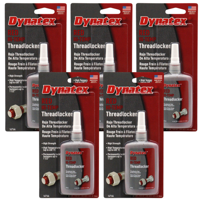 Dynatex Red Hi-Temp Threadlocker 1.22 oz Bottle - Up to 450 Degrees F, Medium-High Strength, Anaerobic, Extreme Heat & Chemical Resistant (5-Pack)
