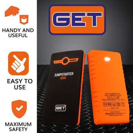 GET GK-JMPSTR-0002 Mini Jump Starter 6000mAh - Portable Jump Starter Power Bank with LED Light - 360 Peak Amps for Motorcycles, Scooters, ATVs, UTVs, Personal watercraft, and Gas Engines Up To 2000cc