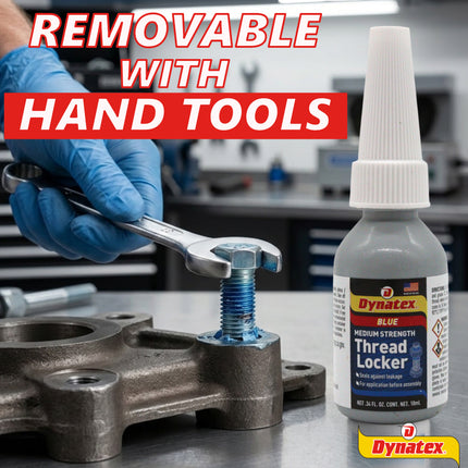 Dynatex Blue Medium Strength Threadlocker 0.34 oz Bottle - Removable with Hand Tools, Locks Fasteners on Metal, Vibration Resistant, Solvent Resistant