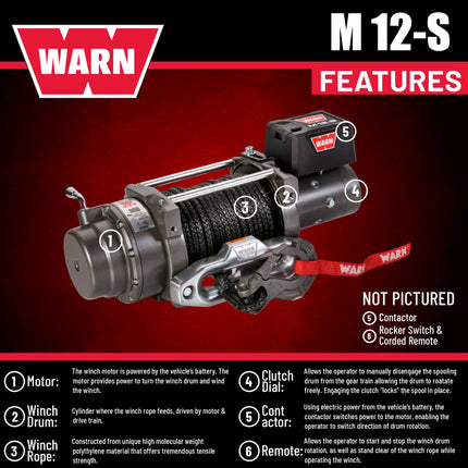WARN 97720 M12-S Electric 12V Heavyweight Winch with Spydura Synthetic Cable Rope: 3/8" Diameter x 100' Length, 6 Ton (12,000 lb) Pulling Capacity