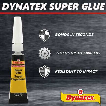 Dynatex .10 oz Super Glue Instant Adhesive - Bonds Glass Metal Plastic Rubber, 5000 PSI Strength, Clear Bond, Up to 175 Degrees F, Stronger Than Standard (8-Pack)