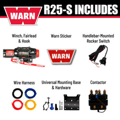 Warn R25-S Rope Winch - 2,500 lb. Pulling Capacity, equipped with 50’ of 3/16” synthetic rope & remote-mounted rocker switch - Fairlead for ATV, UTV, Side by Side, and SXS Recovery & Towing