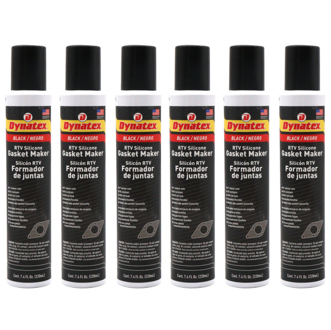 Dynatex Black RTV Silicone Gasket Maker 7.4oz Automatic Can - Oxygen Sensor Safe, OEM Specs, 500°F Hi-Temp, Oil/Water Resistant, Made in the USA (6-Pack)