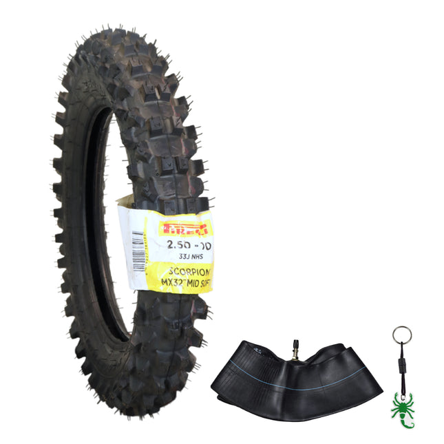 Pirelli Scorpion MX32 Mid Soft Dirt Bike Front/Rear Motocross Tube Type Tire w Inner Tube and Keychain (2.50-10 with Tube)