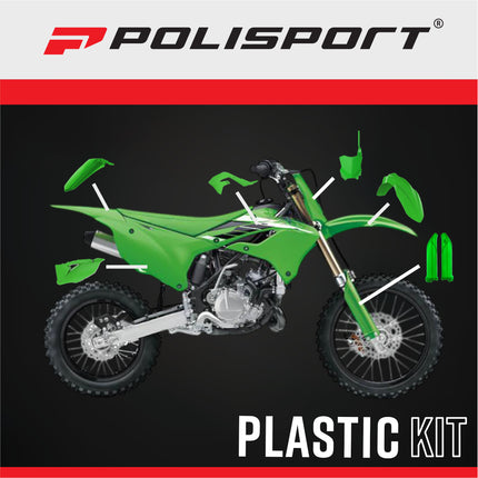 Polisport MX Full Plastic Kit – Fits Kawasaki KX250F 21–23 & KX450F 19–23. Complete Replica Bodywork with Front & Rear Fenders, Radiator Scoops, Side Panels, Number Plate & Fork Guards. OEM Green
