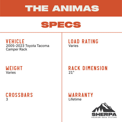 Sherpa 192844 The Animas Full Height 21" Roof Rack for 2005-2023 Toyota Tacoma - Full-Length Aluminum, 1/4" Side Panels, Drill-Free No Modification, Black Textured Powder Coat Finish