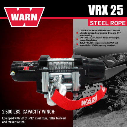 WARN VRX 25 Powersport Winch – 2,500 lb Line Pull Rating, Steel Rope, 12V ATV/UTV Winch with Durable All-Metal Gear Train, Mechanical Brake & Weather-Resistant Design for Powersports Recovery