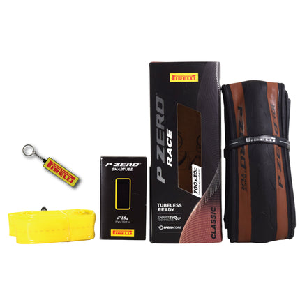 Pirelli P ZERO Race TLR Classic 30-622(700x30c) & SmarTUBE 23/32-622 700C Road Bike Tire & Tube Set-Lightweight, Bicycle Tire & Tube Set for Road Racing-Tan Sidewall, SmartEVO Compound w/Keychain