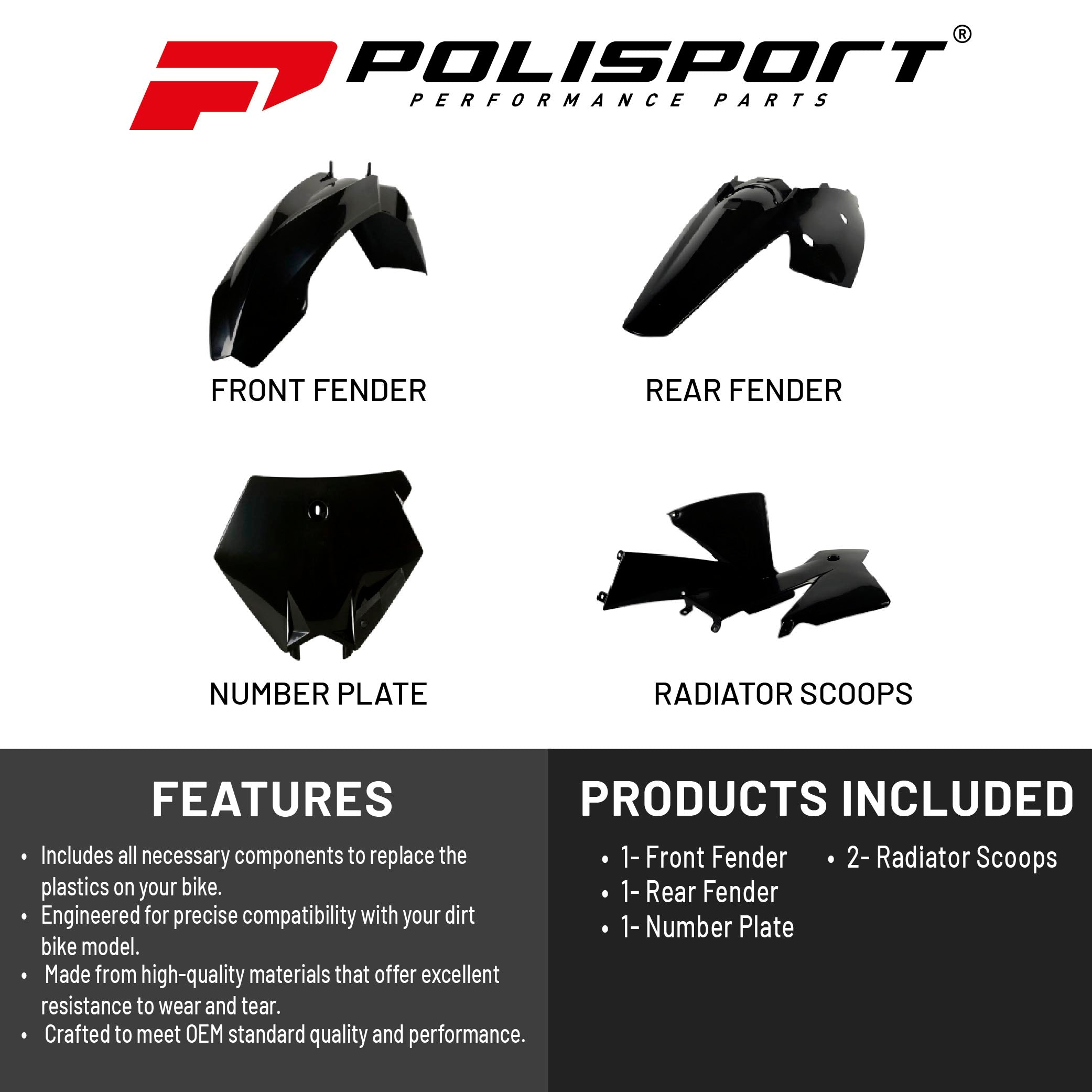 Polisport Motocross (MX) Replica Plastic Kit for KTM SX (2003-04) Dirt Bike – OEM Quality, Durable, Flexible & Perfect Fit – Black