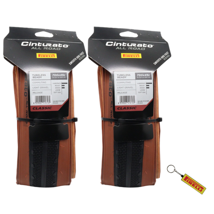 Pirelli Cinturato All Road Classic 45-622 (700x45c) Tan Wall Gravel Tire (2 Pack) - Classic Skinwall Bicycle Tires with Keychain Bundle