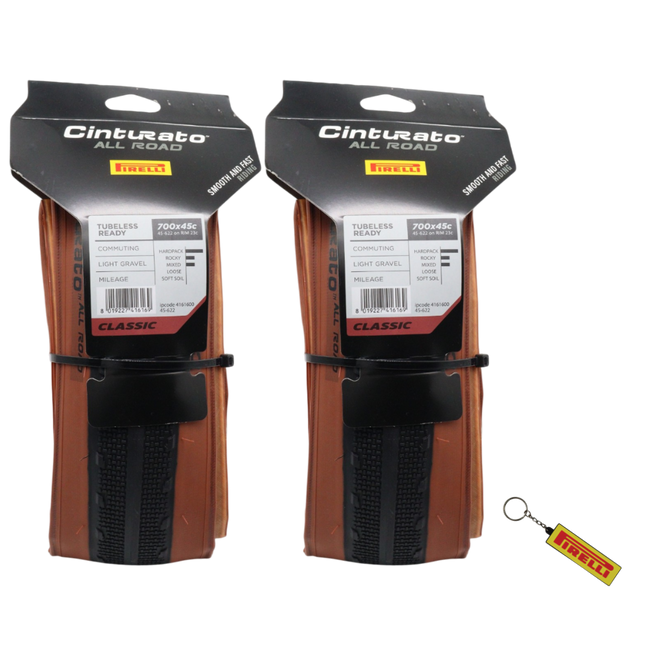 Pirelli Cinturato All Road Classic 45-622 (700x45c) Tan Wall Gravel Tire (2 Pack) - Classic Skinwall Bicycle Tires with Keychain Bundle