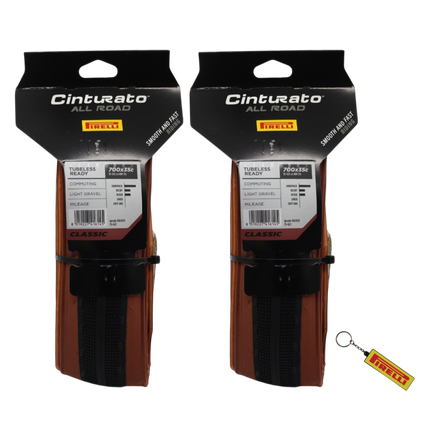 Pirelli Cinturato All Road Classic 35-622 (700x35c) Gravel Bike Tire - Tan Wall Skinwall, Tubeless Ready, ProWALL - 2 Pack with Keychain