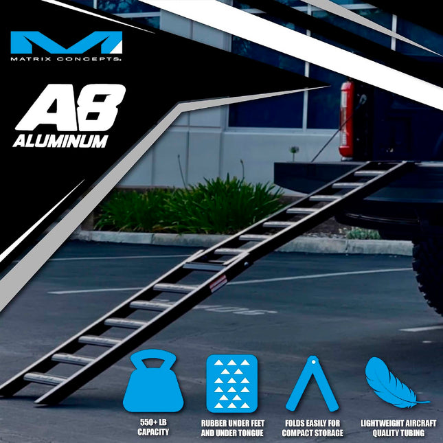 Matrix Concepts A8 8 ft Aluminum Ramp - Black | Folding 750 lb Loading Ramp for Motorcycle, ATV, UTV | 6061 Aircraft Aluminum | Rubber-Tipped, Arched Rungs & Safety Straps
