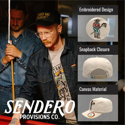 Sendero Provisions Co. Stick Horse Hat - Unstructured 5-Panel Snapback Cap with Embroidered Cowboy on Stick Horse Design, Canvas Fabric, Semi-Curved Visor, Adjustable Fit, Humorous Western Outdoor Hat