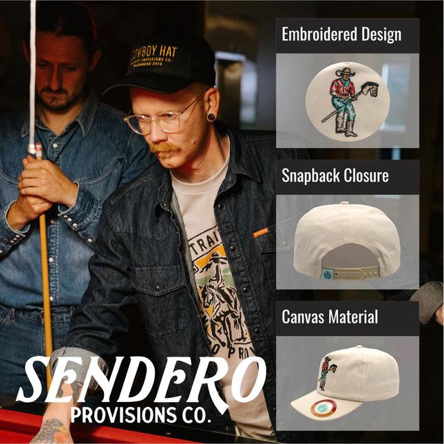 Sendero Provisions Co. Stick Horse Hat - Unstructured 5-Panel Snapback Cap with Embroidered Cowboy on Stick Horse Design, Canvas Fabric, Semi-Curved Visor, Adjustable Fit, Humorous Western Outdoor Hat