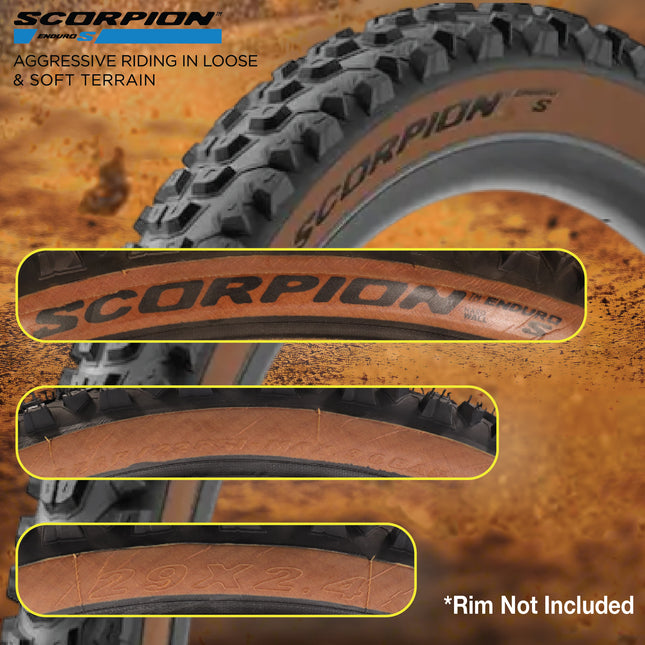 Pirelli Scorpion Enduro S Classic Tan 60-622 (29x 2.4) MTB Bicycle Tire  - Designed for Demanding Natural, Hardpacked, & Loose Courses, 60TPI and Hard Wall Casing- Mountain Bike Tire w/Keychain