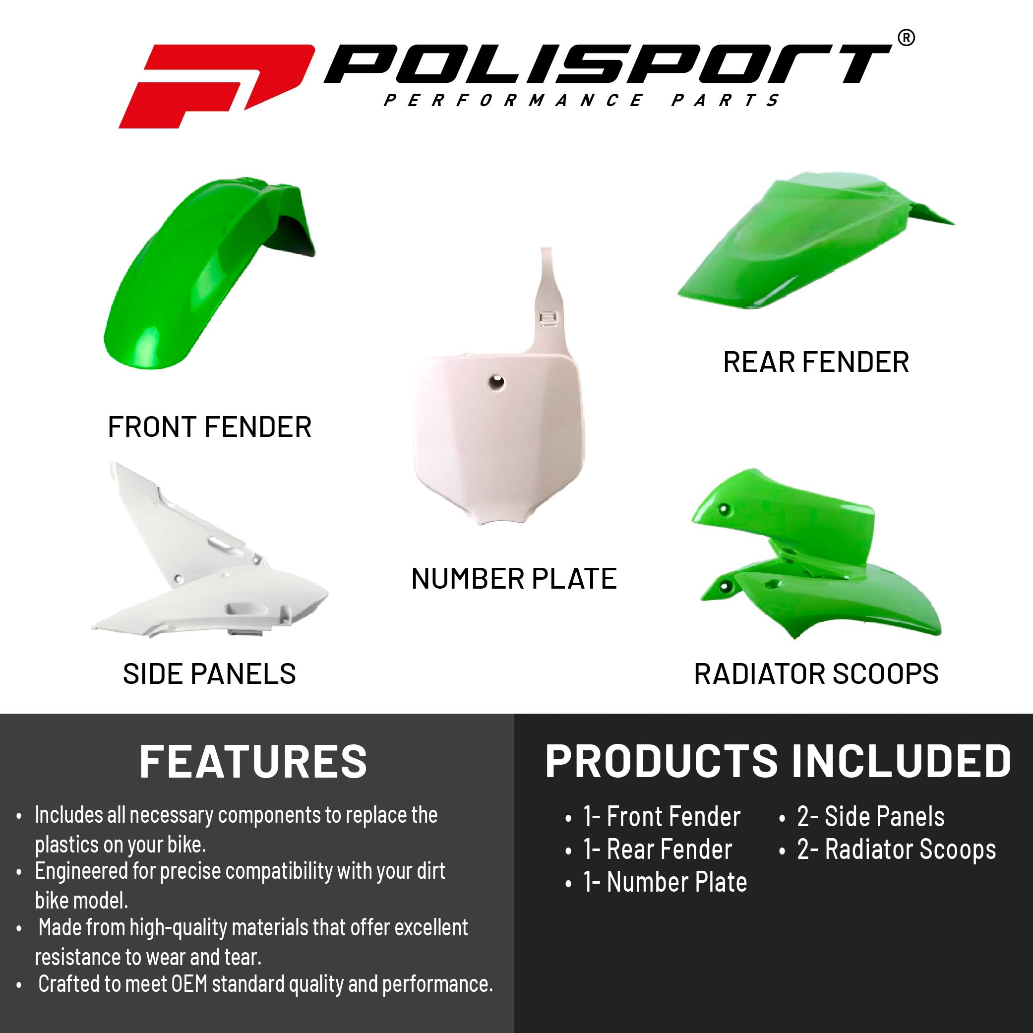 Polisport Motocross (MX) Replica Plastic Kit for Kawasaki KLX 110 (2002-09) Dirt Bike – OEM Quality, Durable, Flexible & Perfect Fit – Green/White