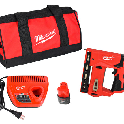 Milwaukee M12 12-Volt Lithium-Ion Cordless 3/8-Inch Crown Stapler Kit with REDLITHIUM CP1.5 Battery, Charger, and Adjustable Belt Hook - Fastens a range of 3/8" flat crown staples from 1/4" - 9/16"
