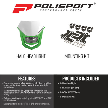 Polisport 8657400041 HALO OEM‑Quality Universal Headlight - White/Green, Durable Injection‑Molded Construction with Bright Illumination, Perfect Fit for Most Off‑Road Motorcycles & High‑Gloss Finish