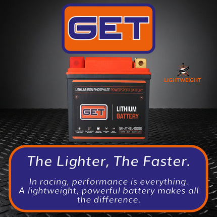 GET High Performance Lithium Motorcycle Battery, 12.8V 2Ah, 140 A CCA, Lightweight Powersports Battery for Dirt Bikes, Enduro & Motocross, IP54 Water Resistant (GK-ATHBL-0006 )