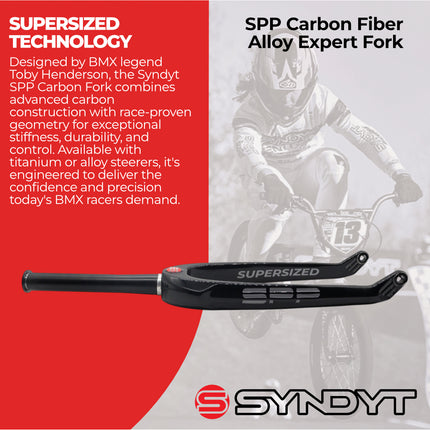 Syndyt SPP Supersized Ultra-High Modulus Carbon Fiber Expert Forks - Black Alloy (20 inch) - Fork Offset 32 mm - 1″ steerer tapering to 1 1/8″; Alloy Steerer Extruded and CNC‑Machined