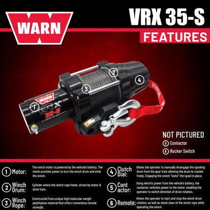 WARN VRX 35-S Powersport Winch – 3,500 lb Pulling Capacity, Synthetic Rope, Sealed Motor, All-Metal Gear Train, IP68 Waterproof Design for ATV/UTV Recovery, Trail Riding & Utility Work