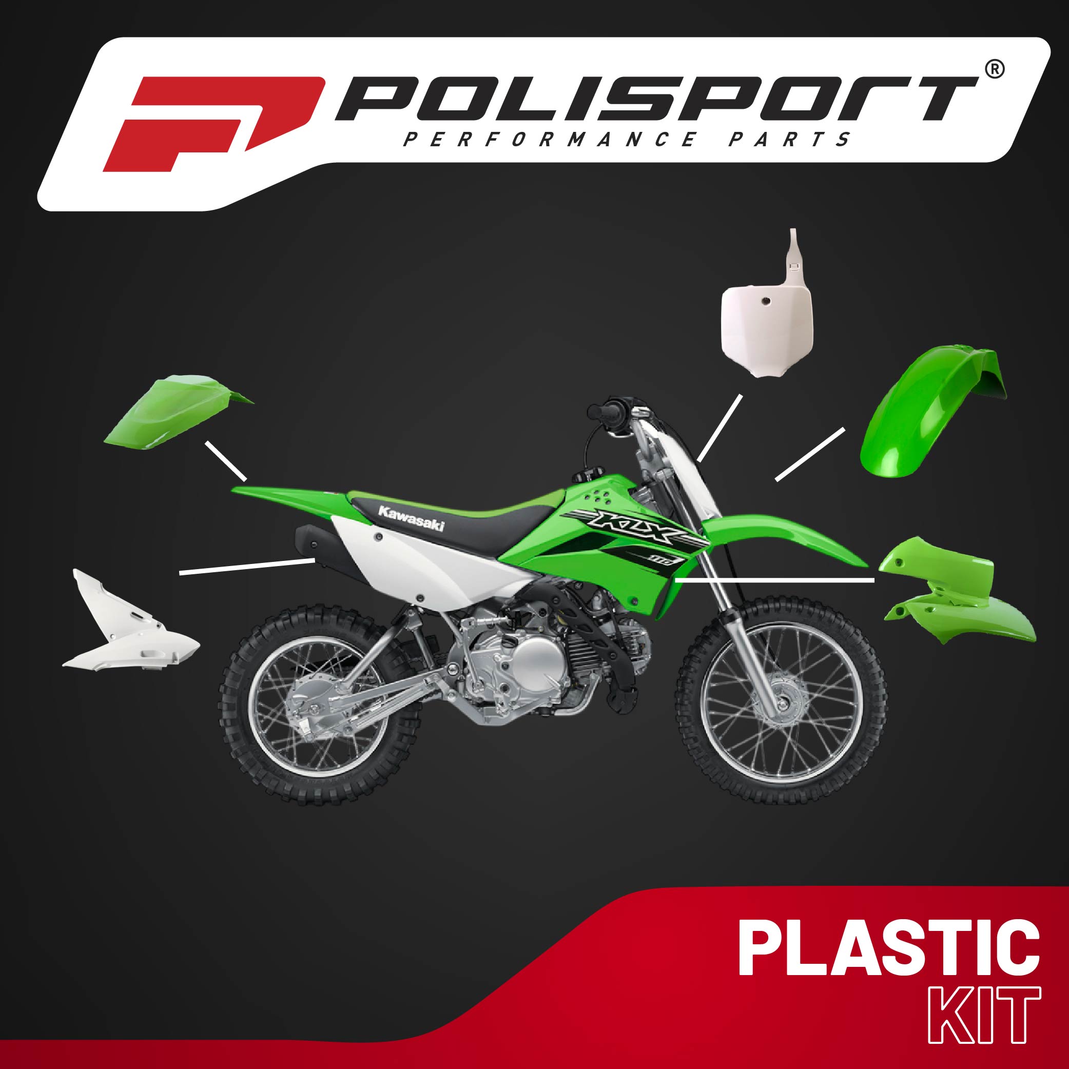 Polisport Motocross (MX) Replica Plastic Kit for Kawasaki KLX 110 (2002-09) Dirt Bike – OEM Quality, Durable, Flexible & Perfect Fit – Green/White