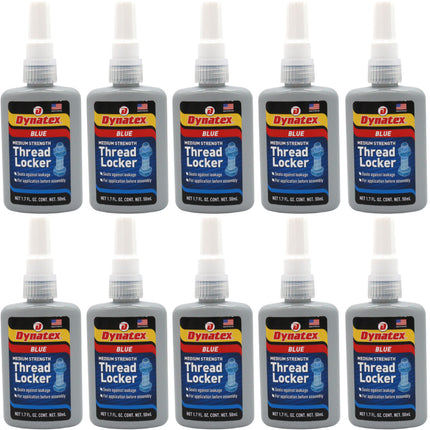Dynatex Blue Medium Strength Threadlocker 1.69 oz Bottle - Removable with Hand Tools, Locks Fasteners on Metal, Vibration Resistant, Solvent Resistant (10-Pack)