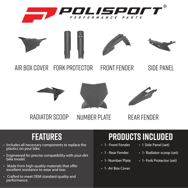 Polisport 91616 Full Plastic Kit – Fits KTM SX/SX‑F/XC 2025→ – Complete Bodywork Set with Fenders, Shrouds, Side Panels, Number Plate, Fork Guards, Airbox Cover – Nardo Grey