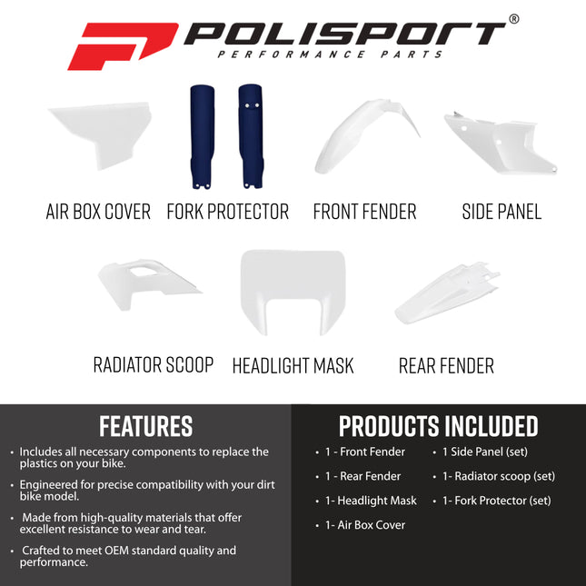 Polisport 91650 Full Replica Plastic Kit for Husqvarna TE / FE 150-501 2024-2026 - OEM Color Match Dirt Bike Bodywork - White/Blue (Fenders, Scoops, Side Panels, Headlight Mask, Airbox Cover)