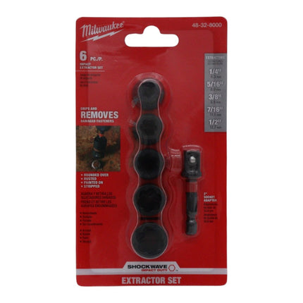 Milwaukee 48-32-8000 SHOCKWAVE Impact Duty Extractor Set, 6-Piece, 1/4 in. to 1/2 in. Fasteners, 3/8 in. Drive, for Rusted, Rounded, or Stripped Fasteners,  Includes Socket Adapter