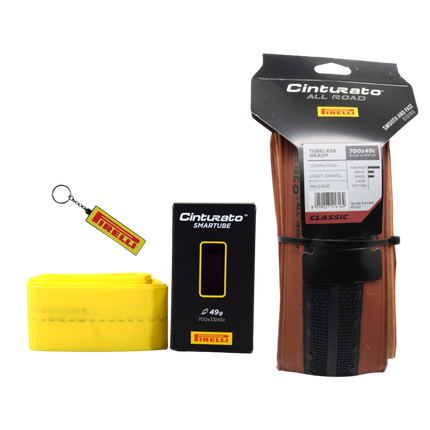 Pirelli Cinturato All Road Classic 45-622 (700x45c) Tan Wall Gravel Tire + Cinturato SmarTUBE 33/45-622 Presta 60mm Valve & Keychain Bundle
