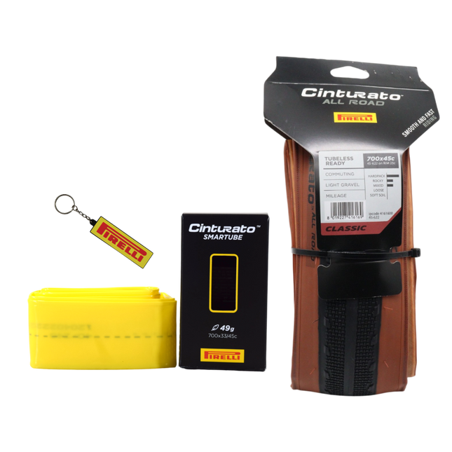 Pirelli Cinturato All Road Classic 45-622 (700x45c) Tan Wall Gravel Tire + Cinturato SmarTUBE 33/45-622 Presta 60mm Valve & Keychain Bundle