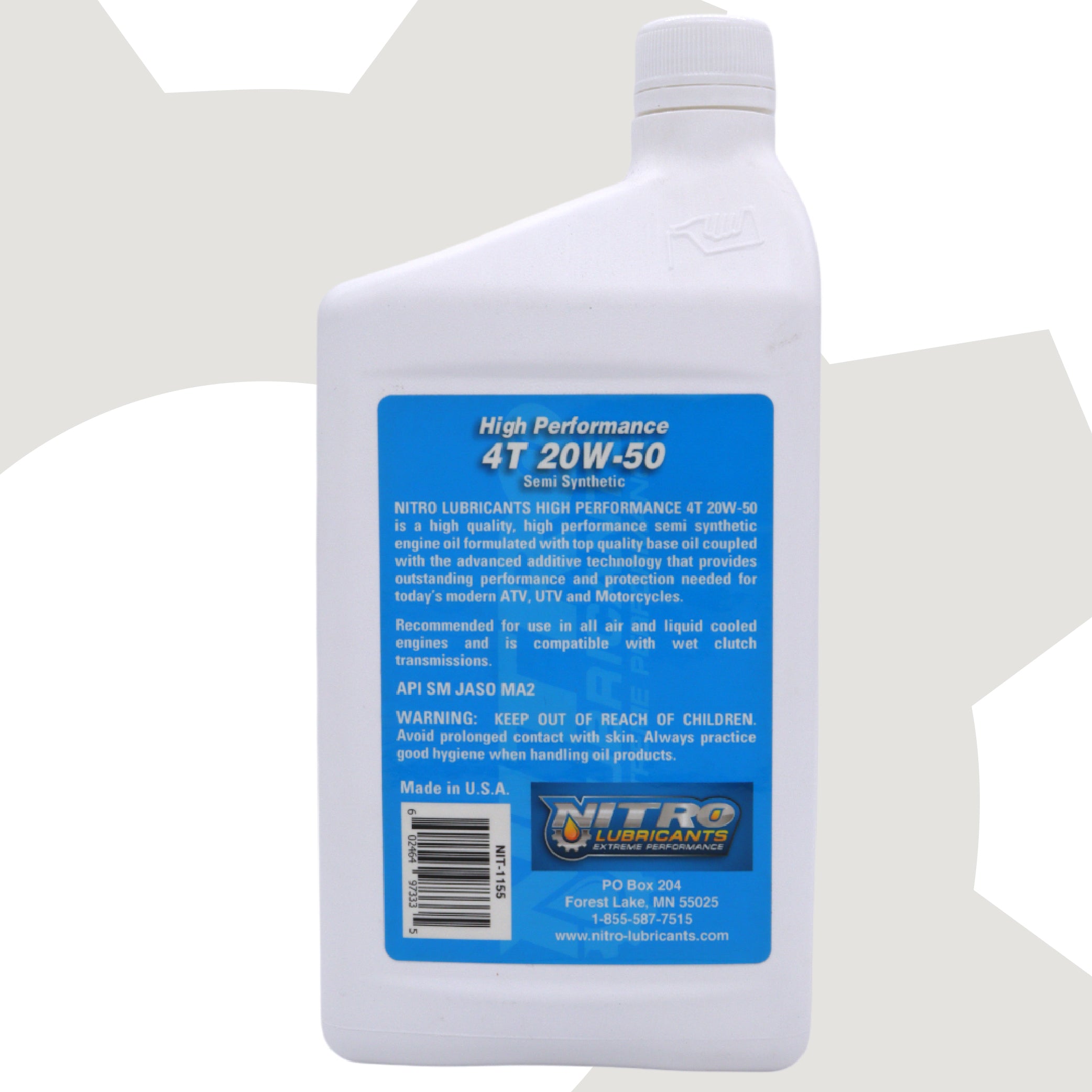 Nitro Lubricants 20W-50 Engine Oil – Synthetic Blend, Keeps Engine Clean of Varnish & Sludge under Severe Conditions – Racing & Marine Ready – 1 Quart – Made in USA