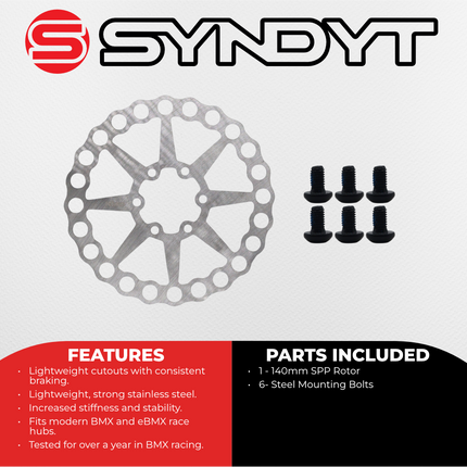 Syndyt SPP Holy Rotor Supersized 140mm Heat-Treated Lightweight Stainless Steel Disc Brake Rotor for BMX Race Bikes, Standard 6 Bolt ISO Mounting Pattern, Includes 6 Steel Rotor Bolts