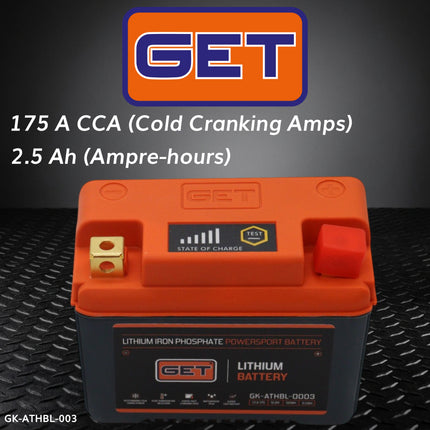 GET High Performance Lithium Motorcycle Battery, 12.8V 2.5Ah, 175 A CCA, Lightweight Powersports Battery for Dirt Bikes, Enduro & Motocross, IP54 Water Resistant (GK-ATHBL-0003)