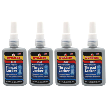 Dynatex Blue Medium Strength Threadlocker 1.69 oz Bottle - Removable with Hand Tools, Locks Fasteners on Metal, Vibration Resistant, Solvent Resistant (4-Pack)