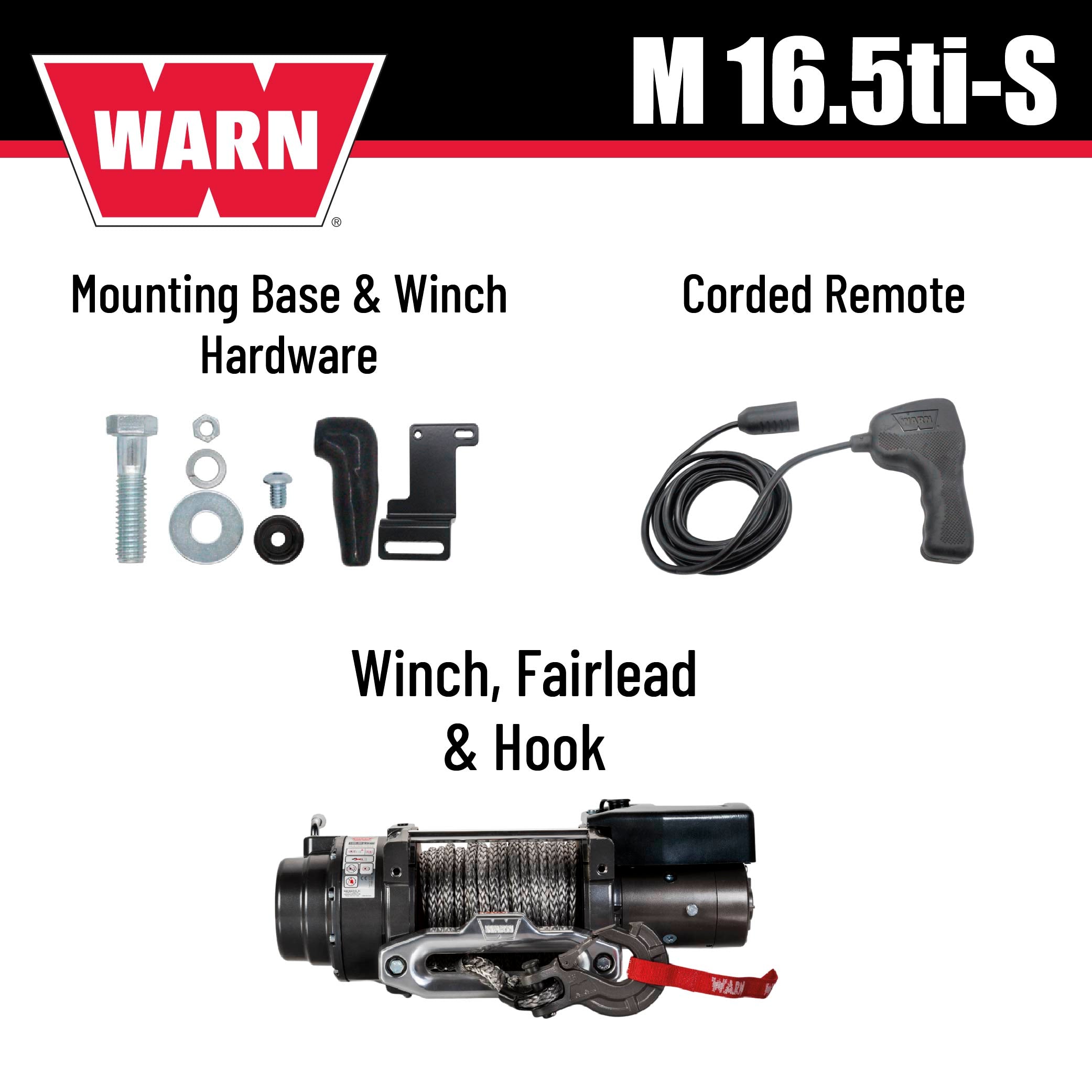 WARN 97740 16.5TI-S Electric 12V Heavyweight Winch with Spydura Pro Synthetic Cable Rope: 3/8" Diameter x 80' Length, 8.25 Ton (16,500 lb) Pulling Capacity