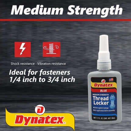 Dynatex Blue Medium Strength Threadlocker 1.69 oz Bottle - Removable with Hand Tools, Locks Fasteners on Metal, Vibration Resistant, Solvent Resistant (6-Pack)