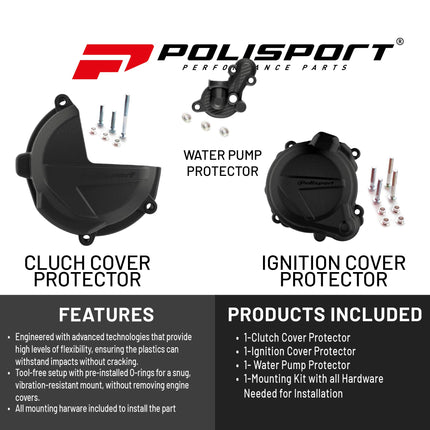 Polisport Motocross Motorcycles (MX) Engine Covers Protector Kit for Beta RR 250/300 (2018-2022) Dirt Bikes - Durable PA6 Plastic Clutch & Ignition Guards for Off-Road Riding - Black