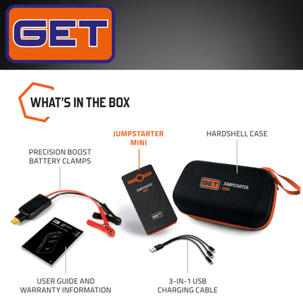 GET GK-JMPSTR-0002 Mini Jump Starter 6000mAh - Portable Jump Starter Power Bank with LED Light - 360 Peak Amps for Motorcycles, Scooters, ATVs, UTVs, Personal watercraft, and Gas Engines Up To 2000cc