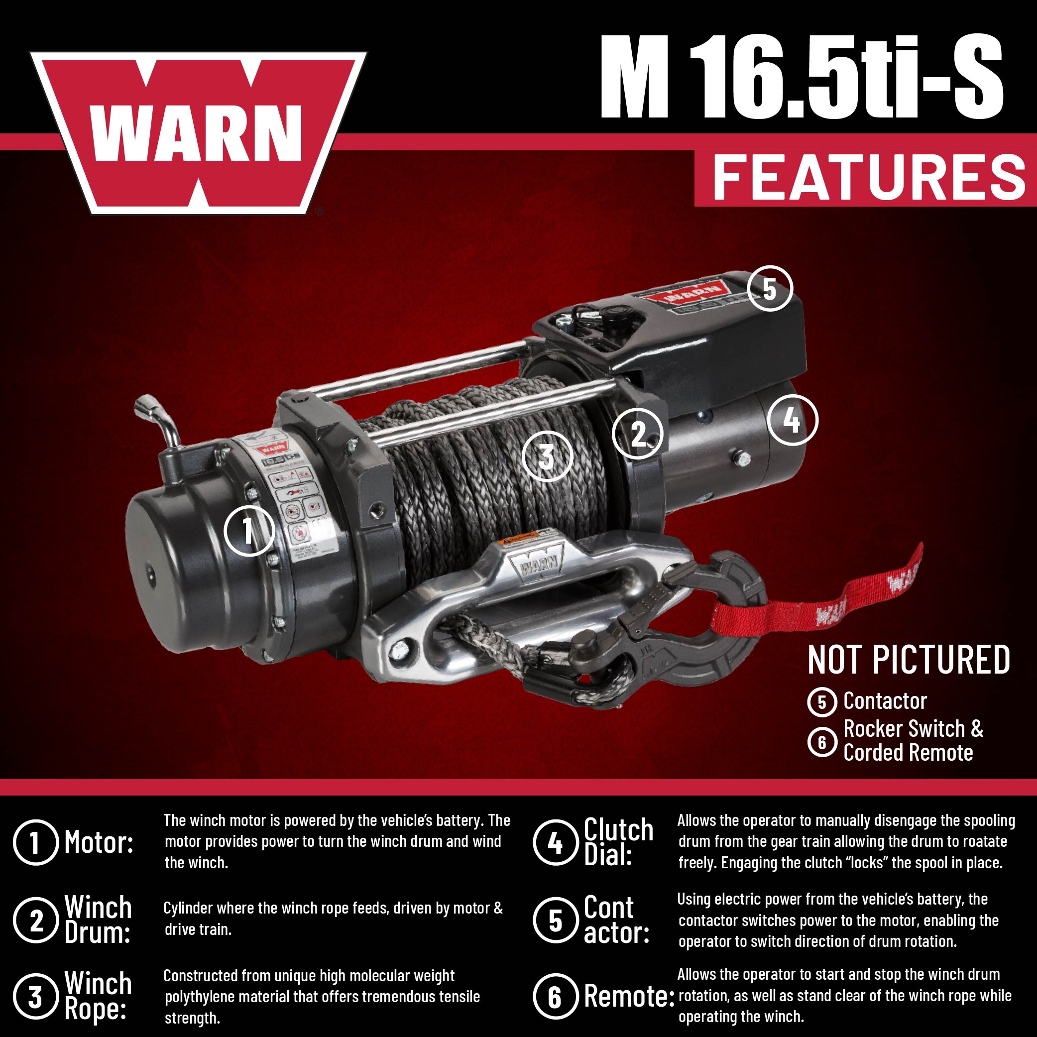 WARN 97740 16.5TI-S Electric 12V Heavyweight Winch with Spydura Pro Synthetic Cable Rope: 3/8" Diameter x 80' Length, 8.25 Ton (16,500 lb) Pulling Capacity