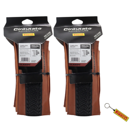 Pirelli Cinturato Adventure Classic Gravel Bike Tires 45 622 (700x45c), Tan Wall Tubeless Ready Bicycle Tire Pair (Set of 2) with Bonus Keychain Bundle, Black/Brown