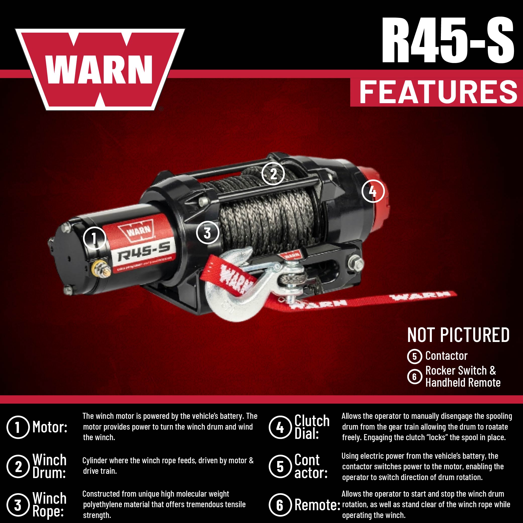 Warn R45-S Rope Winch - 4,500 lb. Pulling Capacity, equipped with 50’ of 1/4” synthetic rope & dash-mounted rocker switch - Remote and Fairlead for ATV, UTV, Side by Side, and SXS Recovery & Towing
