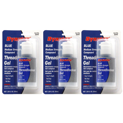 Dynatex Blue Medium Strength Gel Threadlocker 1.20 oz Bottle - Removable with Hand Tools, Locks Fasteners on Metal, Vibration Resistant, Solvent Resistant (3-Pack)