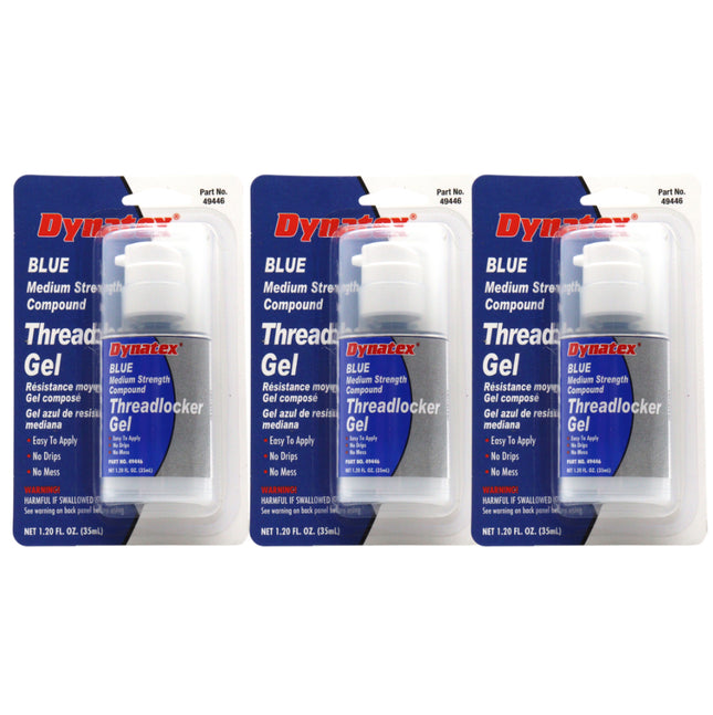 Dynatex Blue Medium Strength Gel Threadlocker 1.20 oz Bottle - Removable with Hand Tools, Locks Fasteners on Metal, Vibration Resistant, Solvent Resistant (3-Pack)