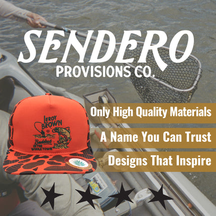 Sendero Provisions Co. Leroy Brown Adjustable Snapback Hat - Orange Camo Printed Pattern, Embroidered Graphic Design, Structured 5-Panel Cotton Twill Cap for Outdoor Adventures-One Size