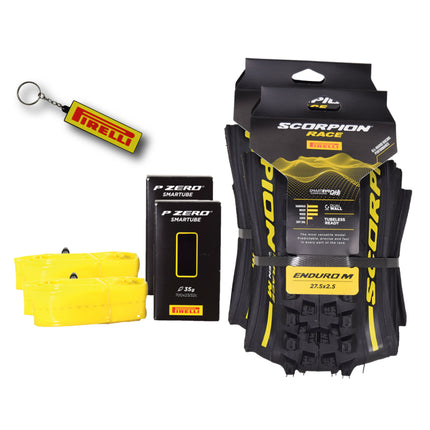 Pirelli Scorpion Race Enduro M Yellow Label 63-584 (27.5x 2.5) MTB Bicycle Tire & SmarTUBE 23/32-622 Set- Designed for Demanding XC Courses, 120x2TPI - Mountain Bike Tire w/Keychain (2 Pk)