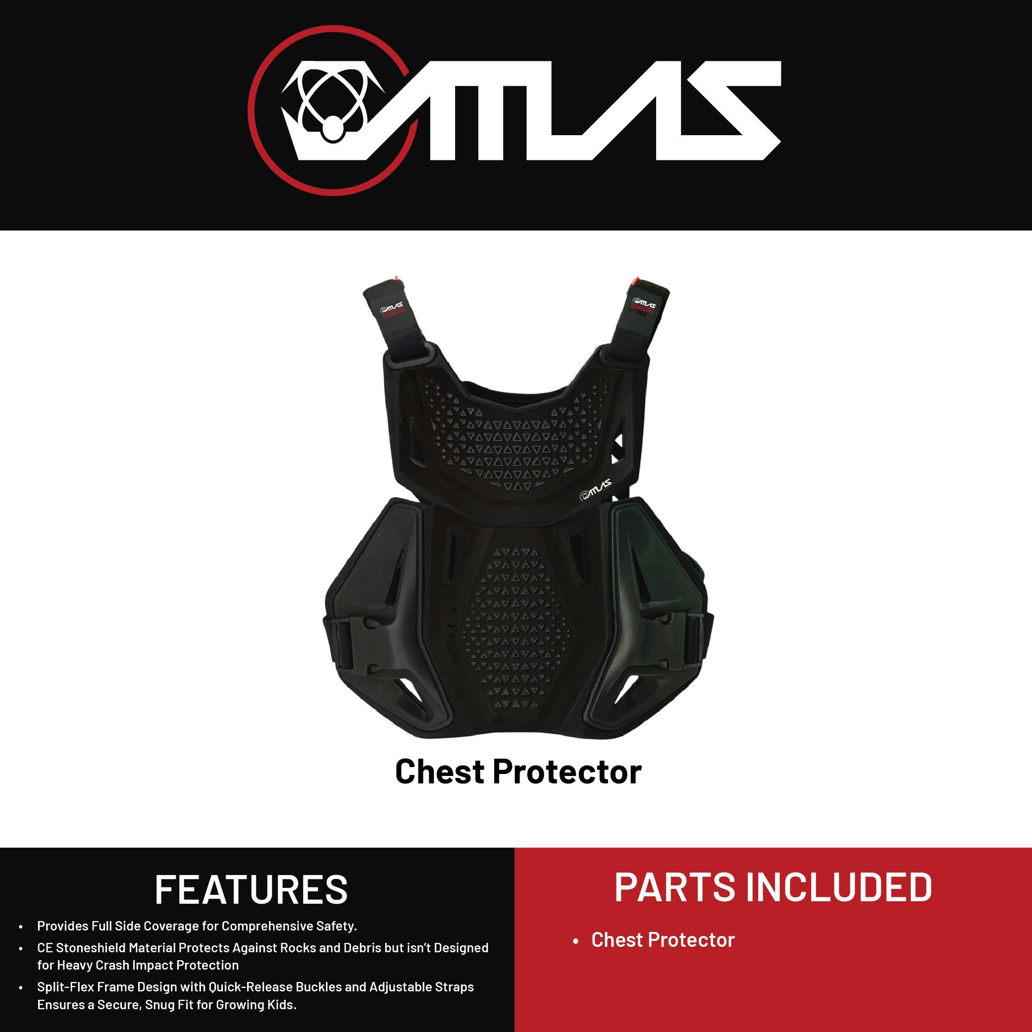 Atlas Charger Youth Black Chest Protector (A1030-01-000)  CE Stoneshield Certified, Lightweight Youth Motocross & BMX Gear with Full Chest, Back, and Side Protection