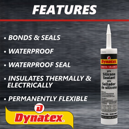 Dynatex Industrial Grade White Silicone Sealant 10.1 oz Caulk Tube - Tough Flexible Cure, Watertight Seal, Up to 500 Degrees F, Made in the USA (Single)